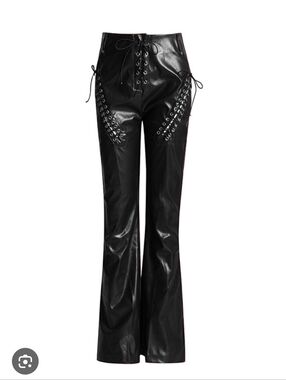 Goth Hot Topic High-Waist Black Faux Leather Lace-Up Flared Pants Widow Queen